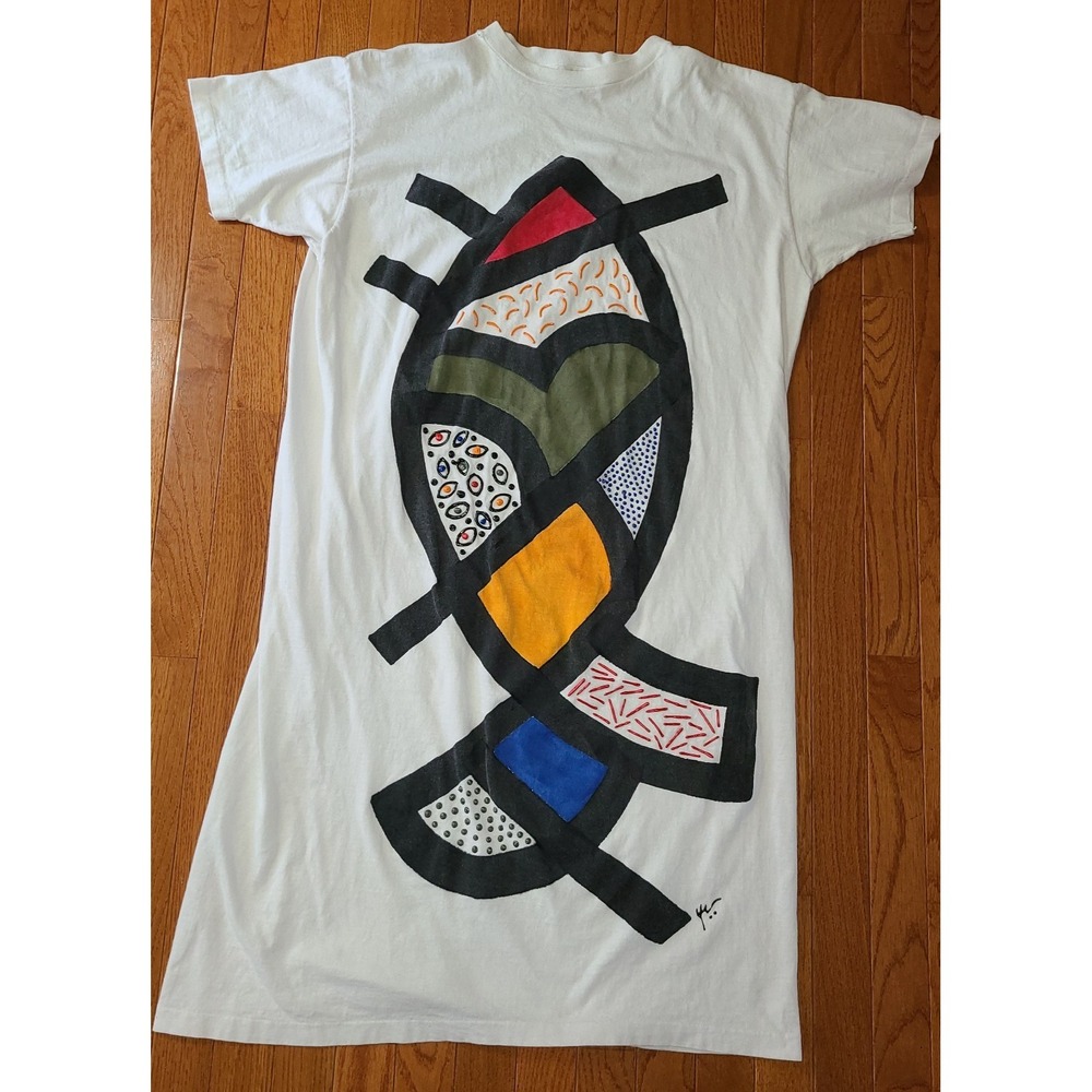 Anvil T-Shirt Dress Womens One Size African Art 3D Graphic 100% Cotton White